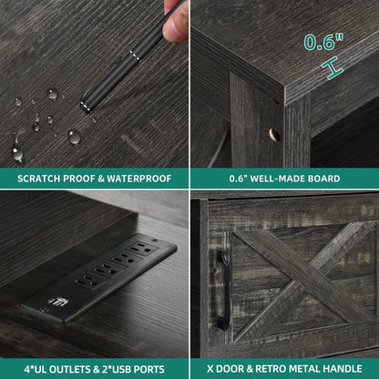 Meuble TV de style campagnard pour téléviseur jusqu'à 65 pouces avec portes et étagères ouvertes, console multimédia et prise électrique.