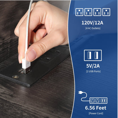 Meuble TV de style campagnard pour téléviseur jusqu'à 65 pouces avec portes et étagères ouvertes, console multimédia et prise électrique.