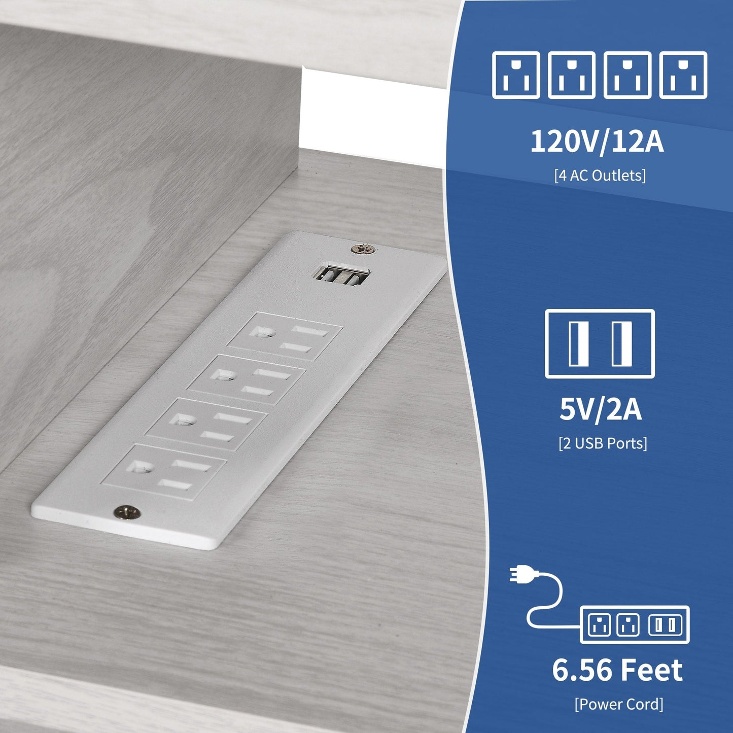 Meuble TV de style campagnard pour téléviseur jusqu'à 65 pouces avec portes et étagères ouvertes, console multimédia et prise électrique.