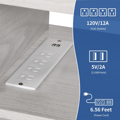 Meuble TV de style campagnard pour téléviseur jusqu'à 65 pouces avec portes et étagères ouvertes, console multimédia et prise électrique.