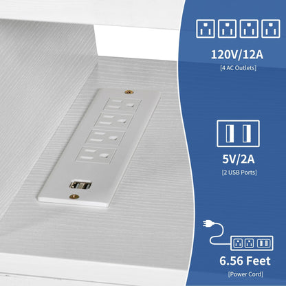 Meuble TV de style campagnard pour téléviseur jusqu'à 65 pouces avec portes et étagères ouvertes, console multimédia et prise électrique.