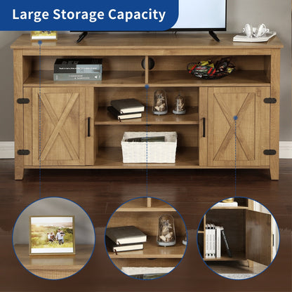 Meuble TV de style campagnard pour téléviseur jusqu'à 65 pouces avec portes et étagères ouvertes, console multimédia et prise électrique.