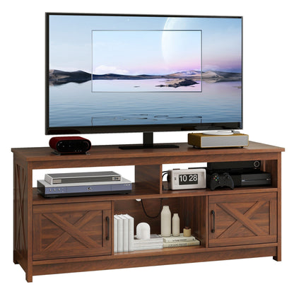 Meuble TV de style campagnard pour téléviseur jusqu'à 65 pouces avec portes et étagères ouvertes, console multimédia et prise électrique.