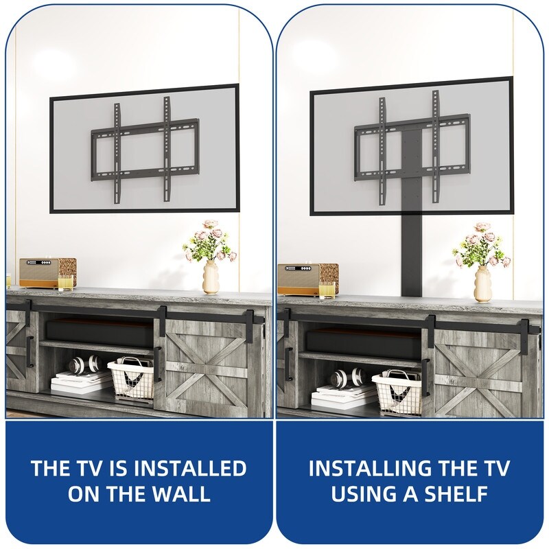 Meuble TV de style campagnard pour téléviseur jusqu'à 65 pouces avec portes et étagères ouvertes, console multimédia et prise électrique.