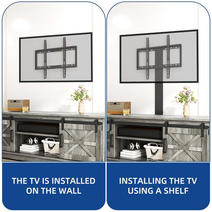 Meuble TV de style campagnard pour téléviseur jusqu'à 65 pouces avec portes et étagères ouvertes, console multimédia et prise électrique.
