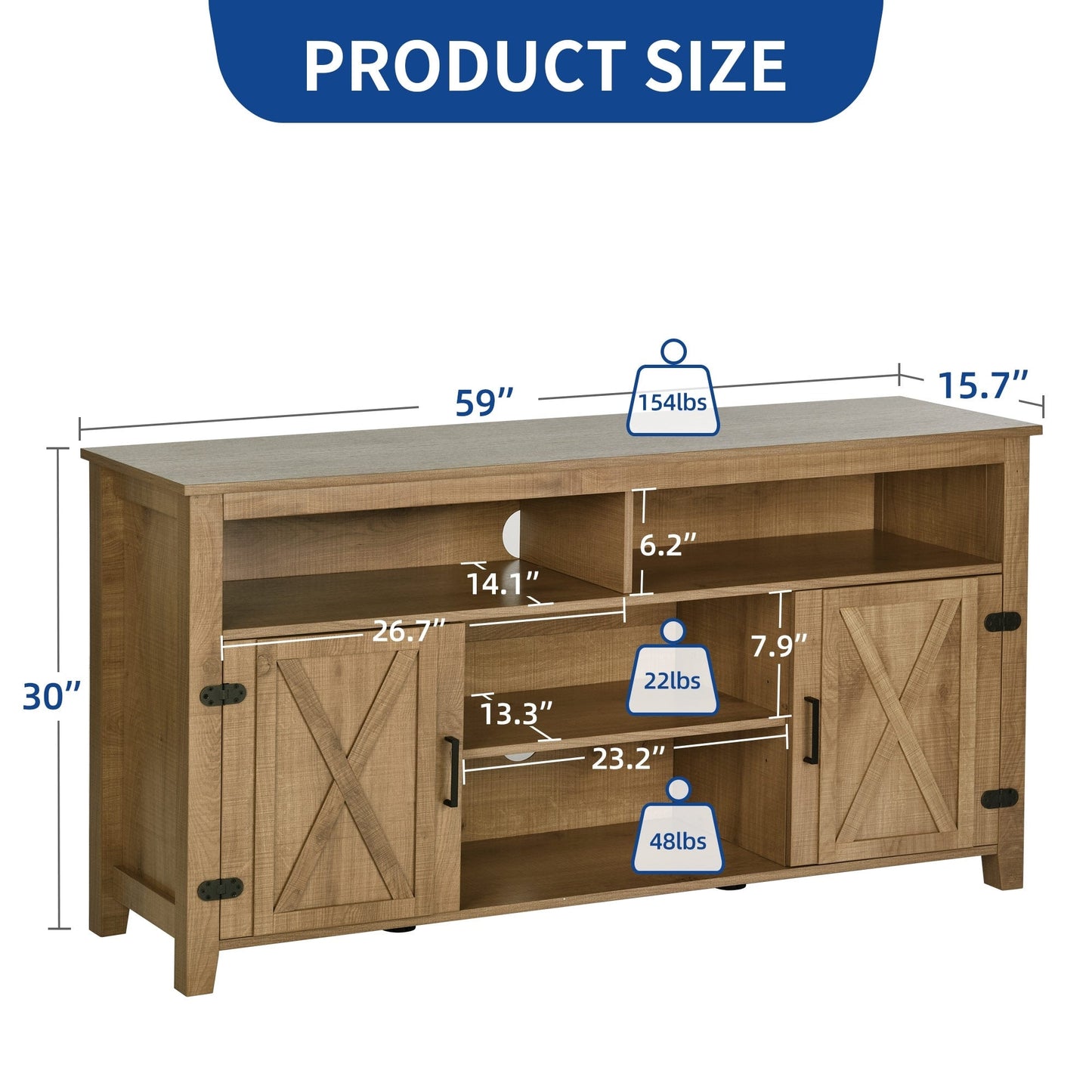 Meuble TV de style campagnard pour téléviseur jusqu'à 65 pouces avec portes et étagères ouvertes, console multimédia et prise électrique.