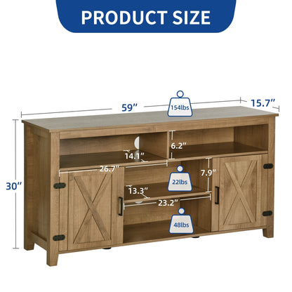 Meuble TV de style campagnard pour téléviseur jusqu'à 65 pouces avec portes et étagères ouvertes, console multimédia et prise électrique.