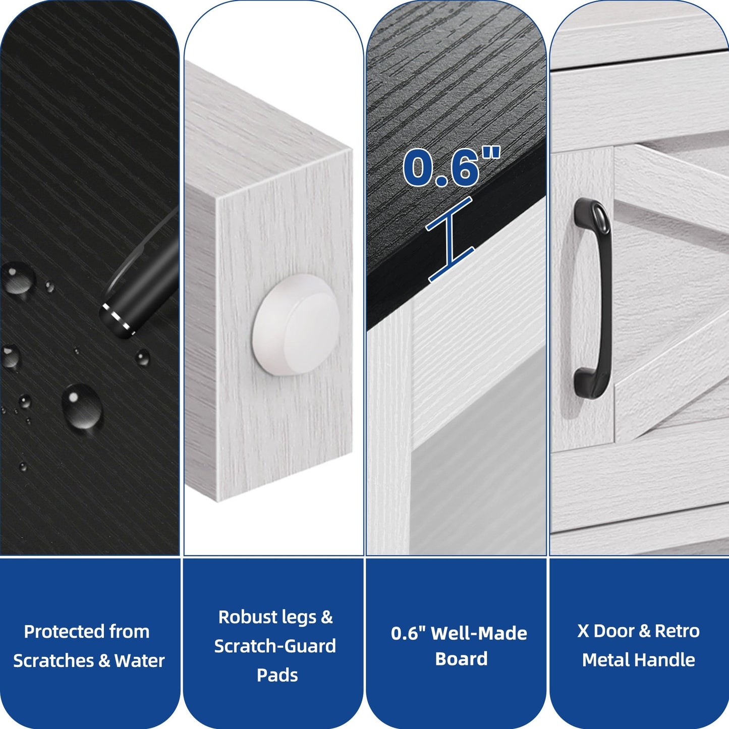 Meuble TV de style campagnard pour téléviseur jusqu'à 65 pouces avec portes et étagères ouvertes, console multimédia et prise électrique.