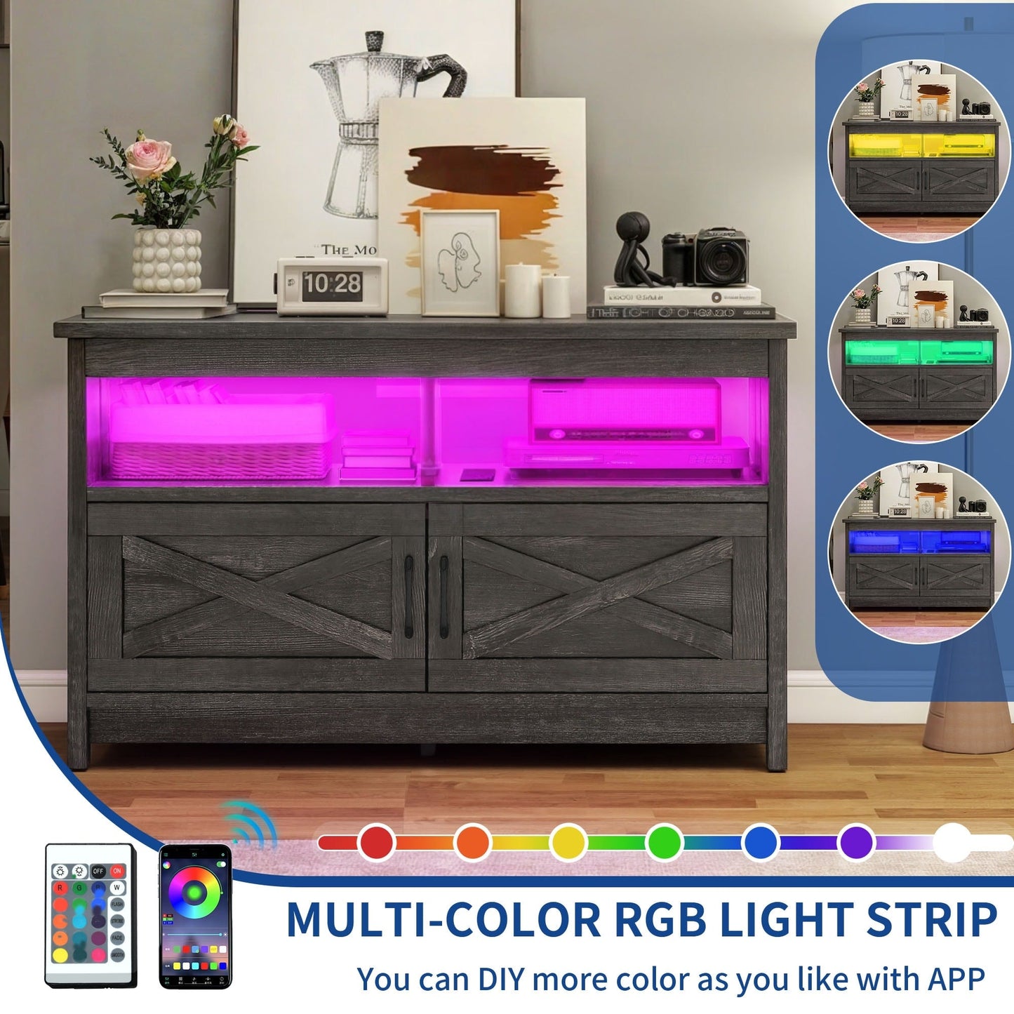 Meuble TV de style campagnard pour téléviseur jusqu'à 65 pouces avec portes et étagères ouvertes, console multimédia et prise électrique.