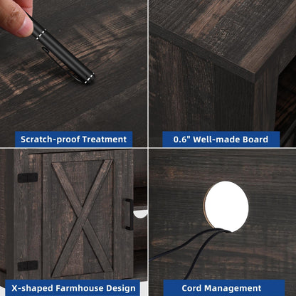 Meuble TV de style campagnard pour téléviseur jusqu'à 65 pouces avec portes et étagères ouvertes, console multimédia et prise électrique.