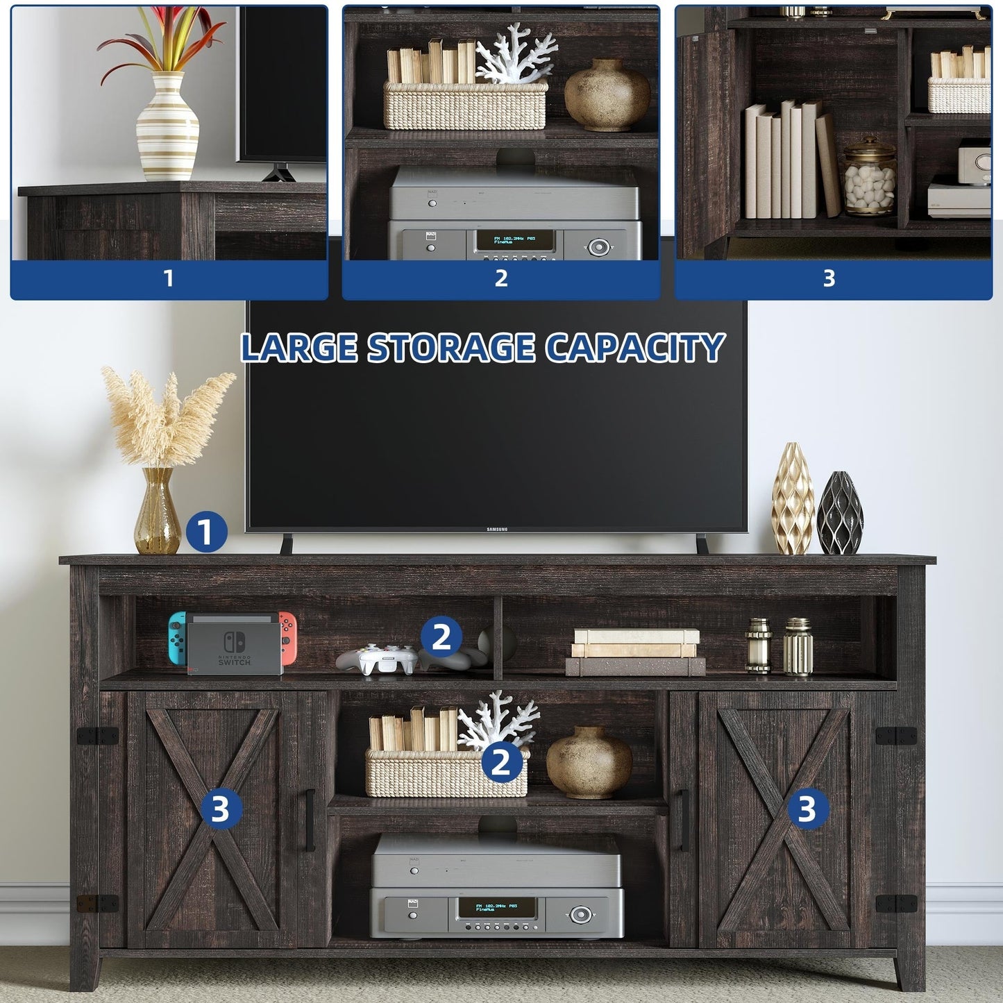 Meuble TV de style campagnard pour téléviseur jusqu'à 65 pouces avec portes et étagères ouvertes, console multimédia et prise électrique.