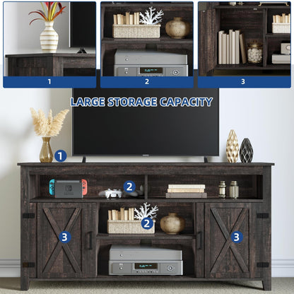 Meuble TV de style campagnard pour téléviseur jusqu'à 65 pouces avec portes et étagères ouvertes, console multimédia et prise électrique.