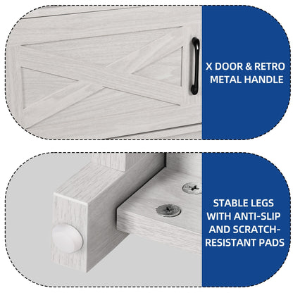 Meuble TV de style campagnard pour téléviseur jusqu'à 65 pouces avec portes et étagères ouvertes, console multimédia et prise électrique.