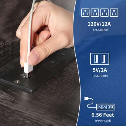 Meuble TV de style campagnard pour téléviseur jusqu'à 65 pouces avec portes et étagères ouvertes, console multimédia et prise électrique.