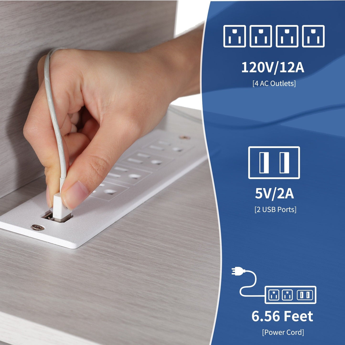 Meuble TV de style campagnard pour téléviseur jusqu'à 65 pouces avec portes et étagères ouvertes, console multimédia et prise électrique.