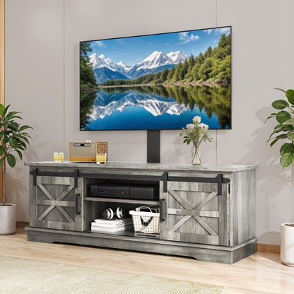 Meuble TV de style campagnard pour téléviseur jusqu'à 65 pouces avec portes et étagères ouvertes, console multimédia et prise électrique.