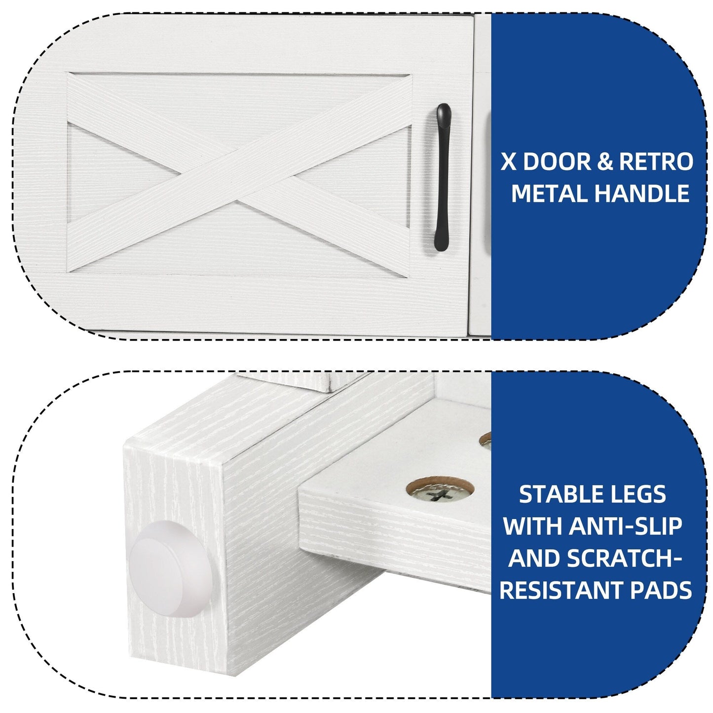Meuble TV de style campagnard pour téléviseur jusqu'à 65 pouces avec portes et étagères ouvertes, console multimédia et prise électrique.