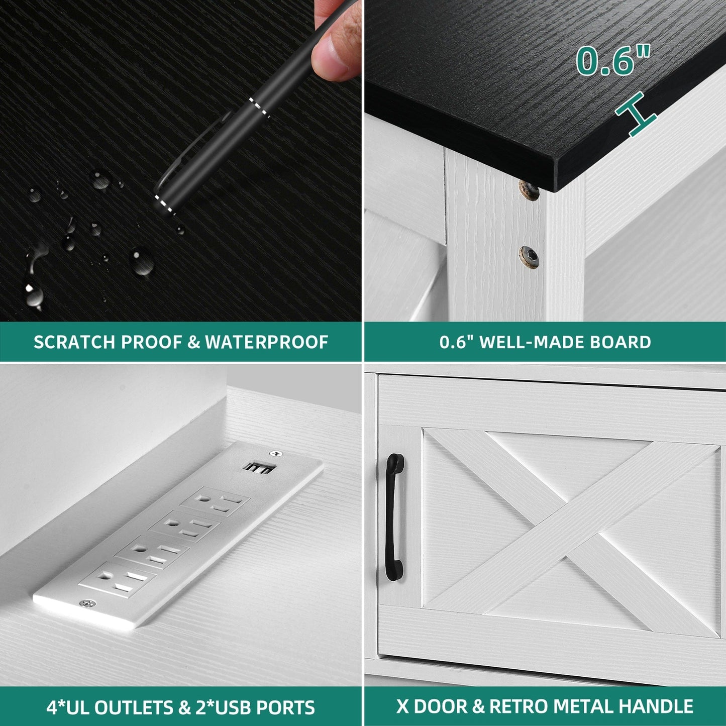 Meuble TV de style campagnard pour téléviseur jusqu'à 65 pouces avec portes et étagères ouvertes, console multimédia et prise électrique.