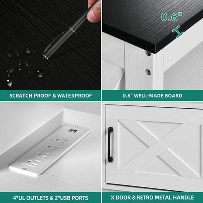 Meuble TV de style campagnard pour téléviseur jusqu'à 65 pouces avec portes et étagères ouvertes, console multimédia et prise électrique.