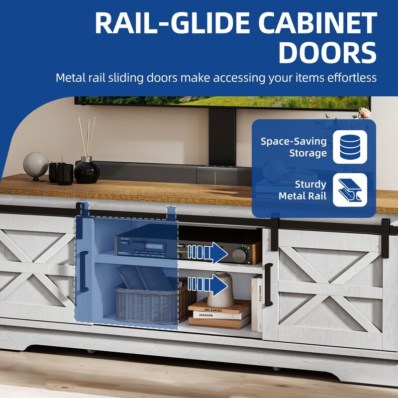 Meuble TV de style campagnard pour téléviseur jusqu'à 65 pouces avec portes et étagères ouvertes, console multimédia et prise électrique.