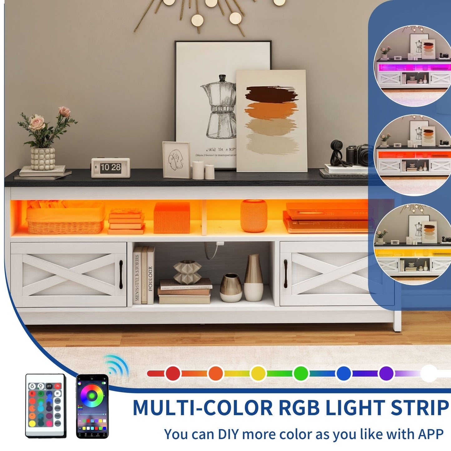 Meuble TV de style campagnard pour téléviseur jusqu'à 65 pouces avec portes et étagères ouvertes, console multimédia et prise électrique.