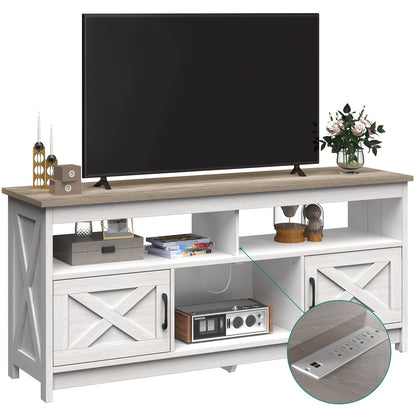 Meuble TV de style campagnard pour téléviseur jusqu'à 65 pouces avec portes et étagères ouvertes, console multimédia et prise électrique.