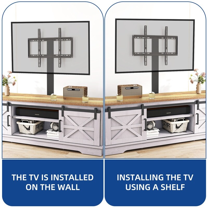 Meuble TV de style campagnard pour téléviseur jusqu'à 65 pouces avec portes et étagères ouvertes, console multimédia et prise électrique.