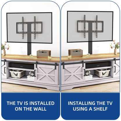 Meuble TV de style campagnard pour téléviseur jusqu'à 65 pouces avec portes et étagères ouvertes, console multimédia et prise électrique.