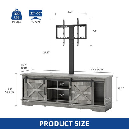Meuble TV de style campagnard pour téléviseur jusqu'à 65 pouces avec portes et étagères ouvertes, console multimédia et prise électrique.