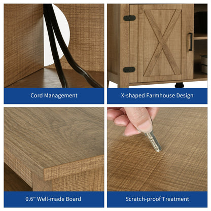 Meuble TV de style campagnard pour téléviseur jusqu'à 65 pouces avec portes et étagères ouvertes, console multimédia et prise électrique.