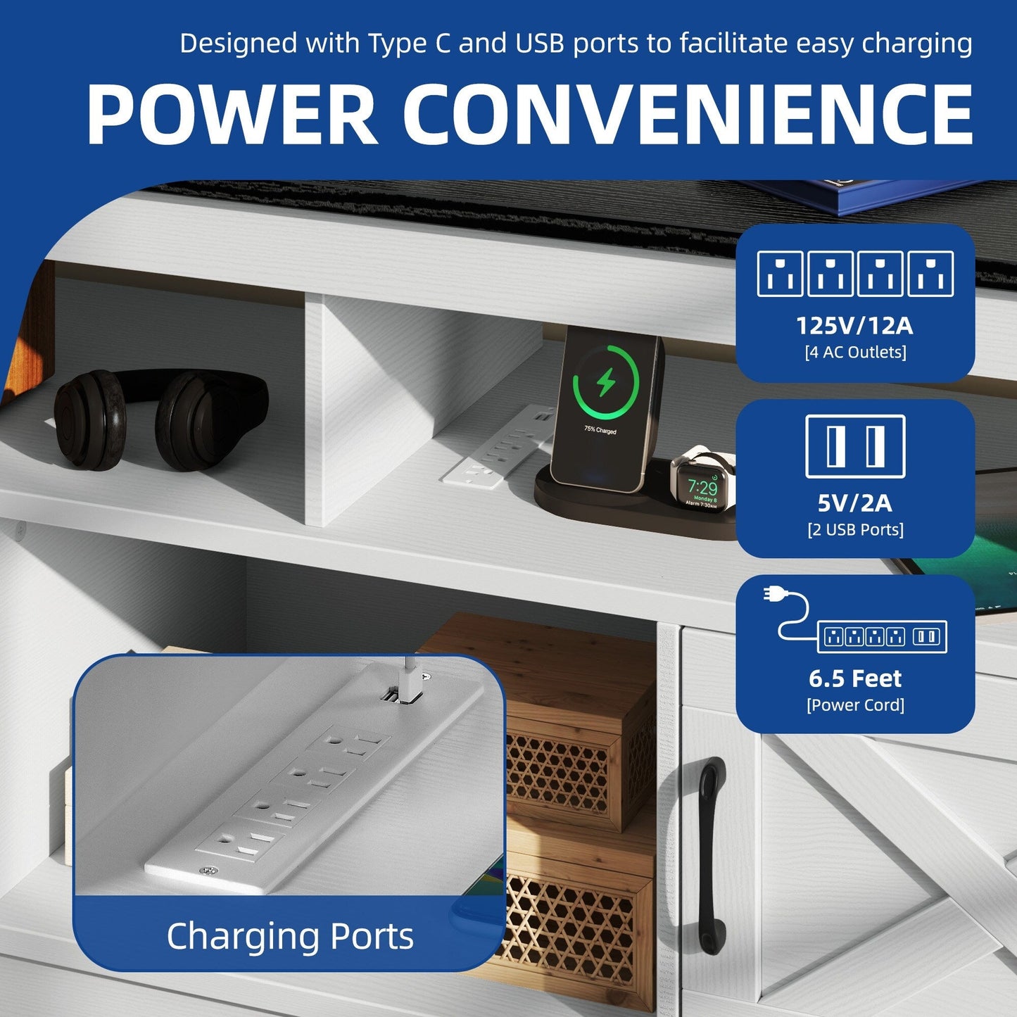 Meuble TV de style campagnard pour téléviseur jusqu'à 65 pouces avec portes et étagères ouvertes, console multimédia et prise électrique.