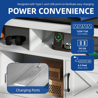 Meuble TV de style campagnard pour téléviseur jusqu'à 65 pouces avec portes et étagères ouvertes, console multimédia et prise électrique.