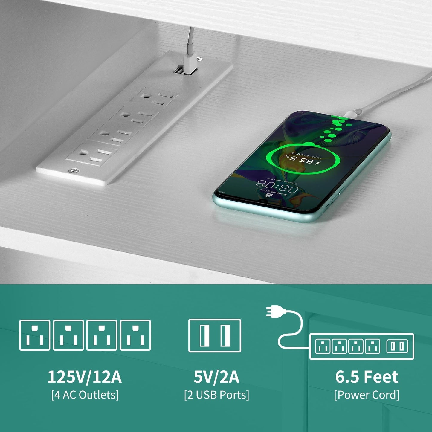 Meuble TV de style campagnard pour téléviseur jusqu'à 65 pouces avec portes et étagères ouvertes, console multimédia et prise électrique.