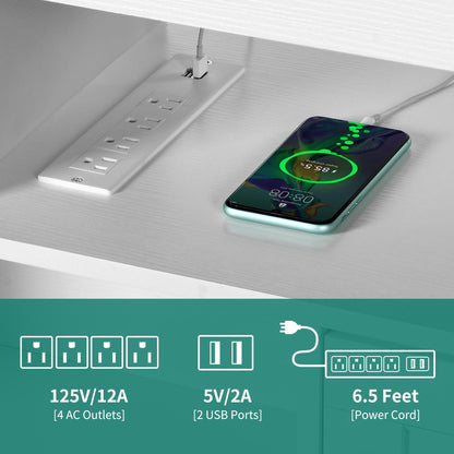 Meuble TV de style campagnard pour téléviseur jusqu'à 65 pouces avec portes et étagères ouvertes, console multimédia et prise électrique.