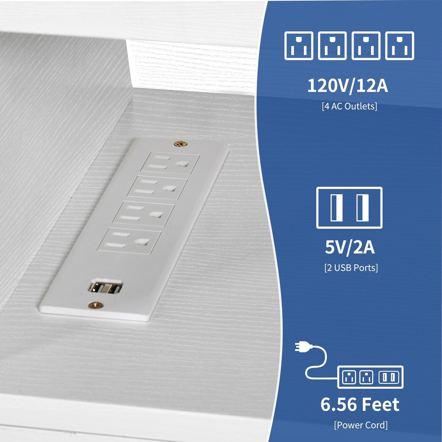 Meuble TV de style campagnard pour téléviseur jusqu'à 65 pouces avec portes et étagères ouvertes, console multimédia et prise électrique.