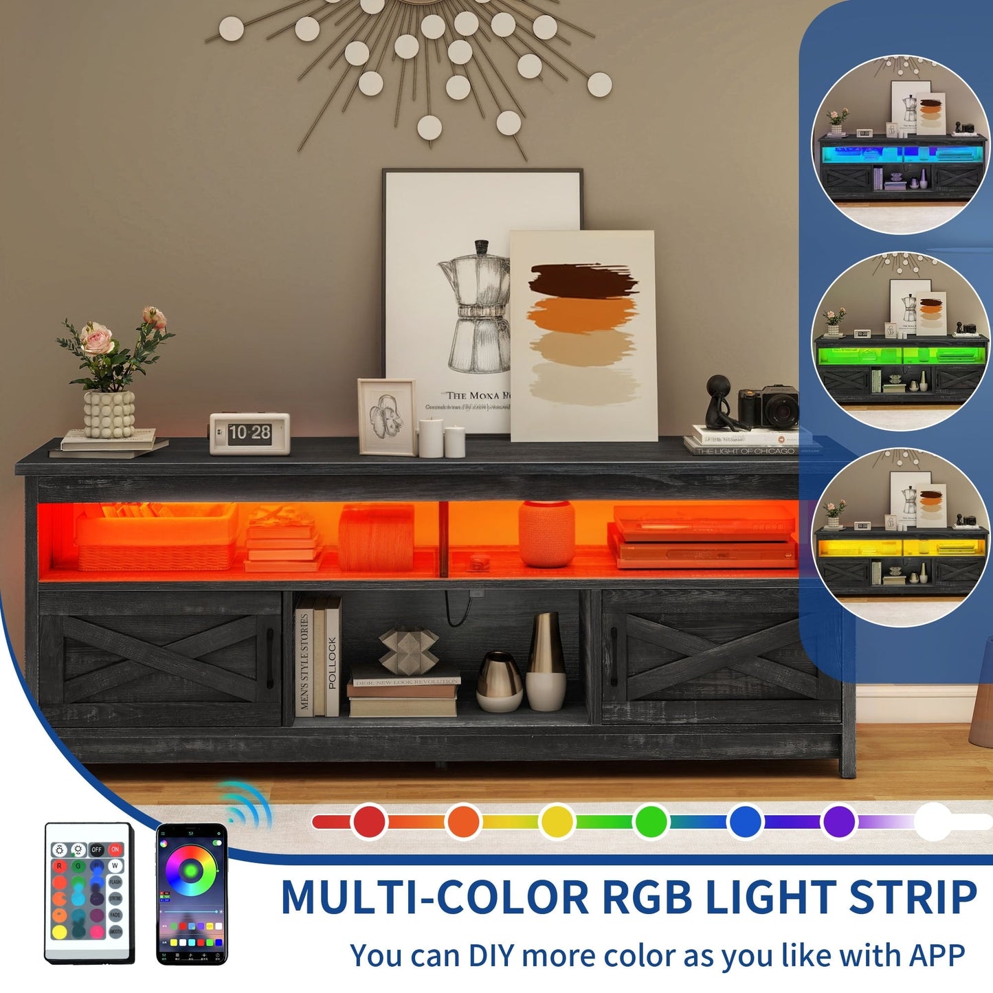 Meuble TV de style campagnard pour téléviseur jusqu'à 65 pouces avec portes et étagères ouvertes, console multimédia et prise électrique.