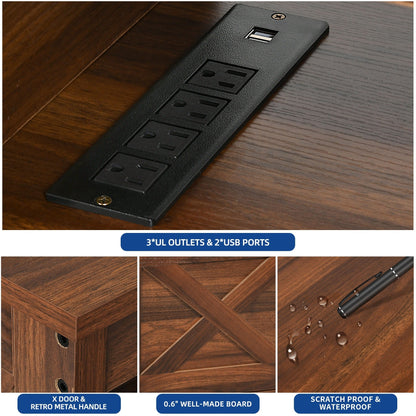 Meuble TV de style campagnard pour téléviseur jusqu'à 65 pouces avec portes et étagères ouvertes, console multimédia et prise électrique.