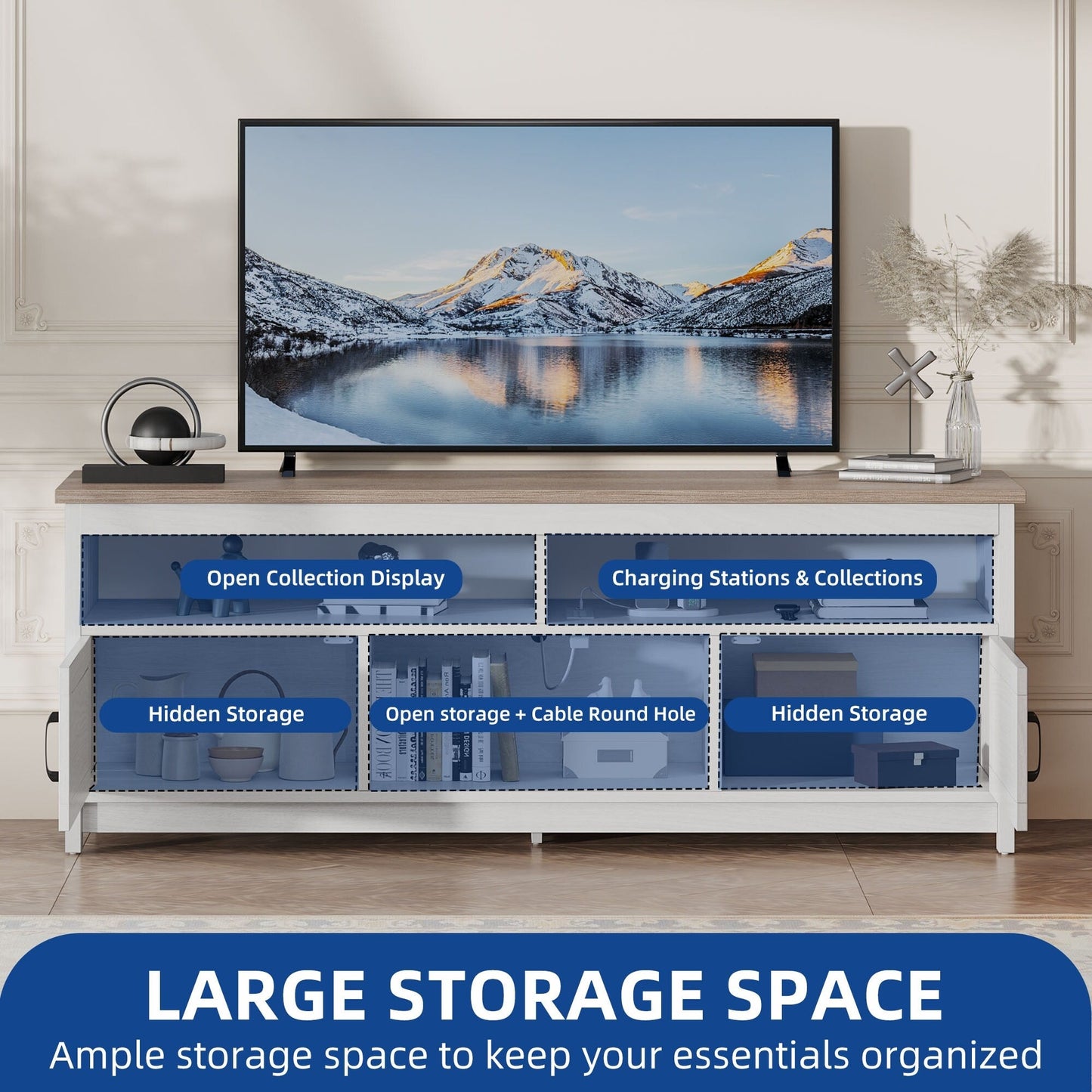 Meuble TV de style campagnard pour téléviseur jusqu'à 65 pouces avec portes et étagères ouvertes, console multimédia et prise électrique.