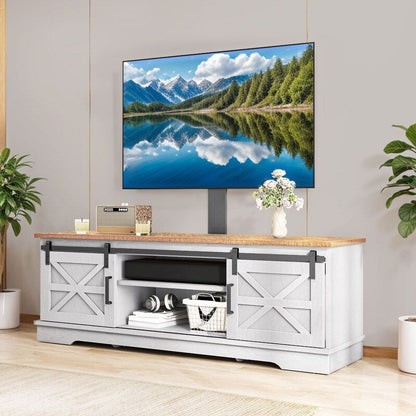 Meuble TV de style campagnard pour téléviseur jusqu'à 65 pouces avec portes et étagères ouvertes, console multimédia et prise électrique.