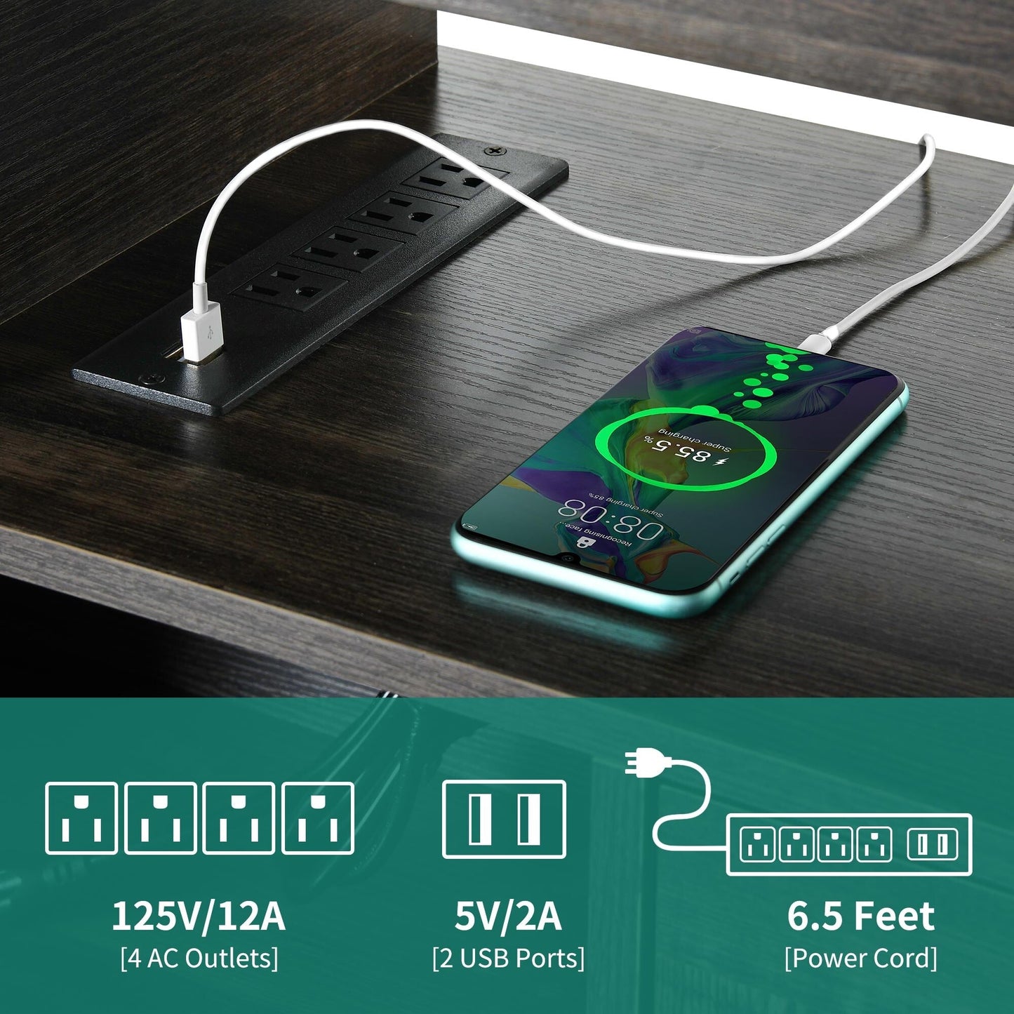 Meuble TV de style campagnard pour téléviseur jusqu'à 65 pouces avec portes et étagères ouvertes, console multimédia et prise électrique.