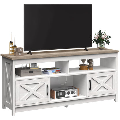 Meuble TV de style campagnard pour téléviseur jusqu'à 65 pouces avec portes et étagères ouvertes, console multimédia et prise électrique.