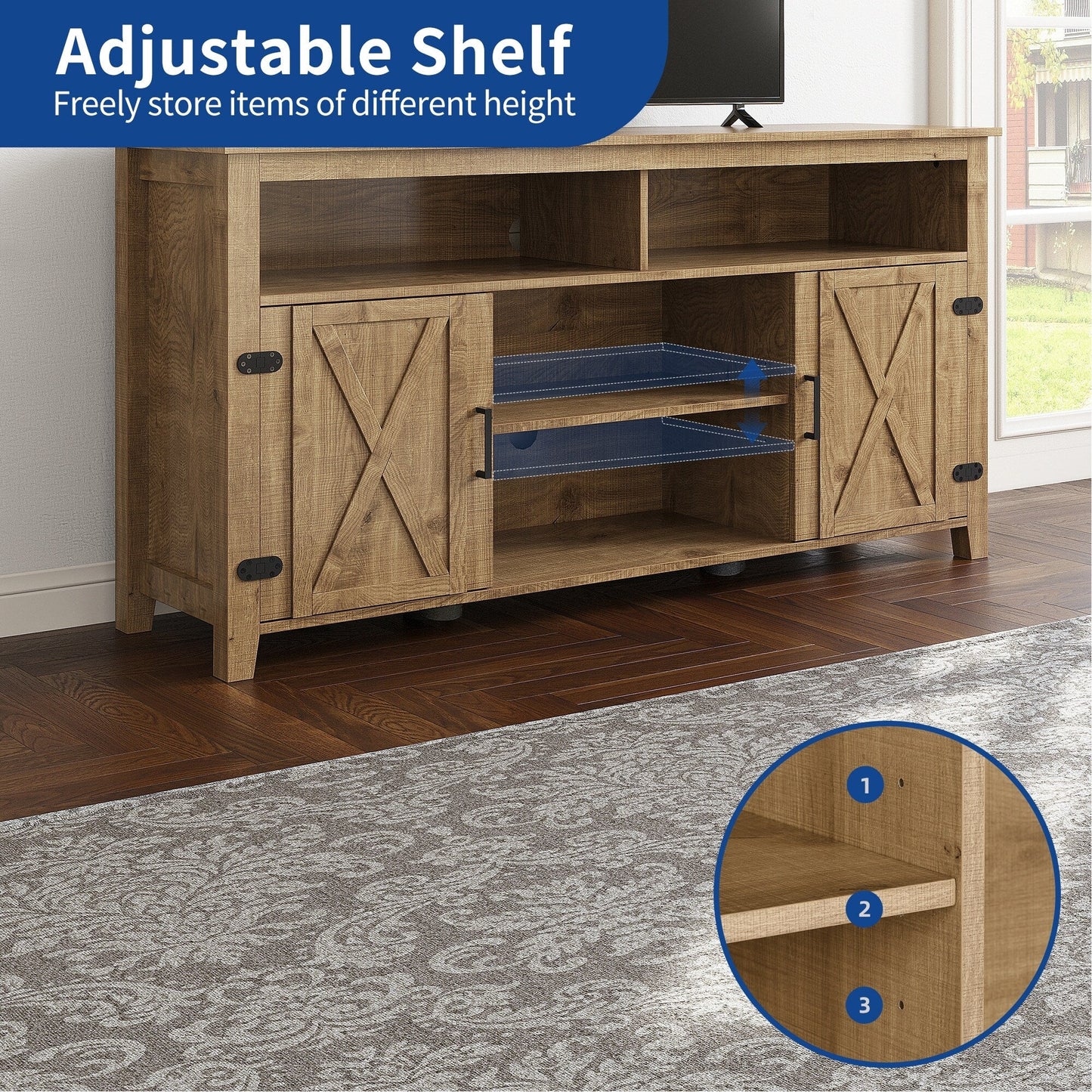 Meuble TV de style campagnard pour téléviseur jusqu'à 65 pouces avec portes et étagères ouvertes, console multimédia et prise électrique.