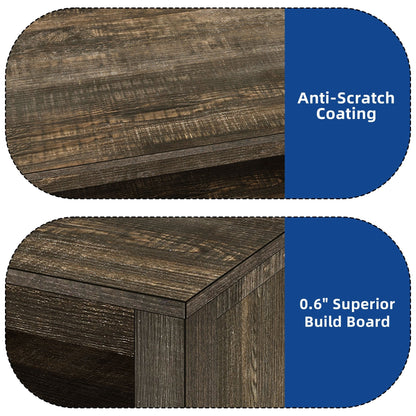 Meuble TV de style campagnard pour téléviseur jusqu'à 65 pouces avec portes et étagères ouvertes, console multimédia et prise électrique.