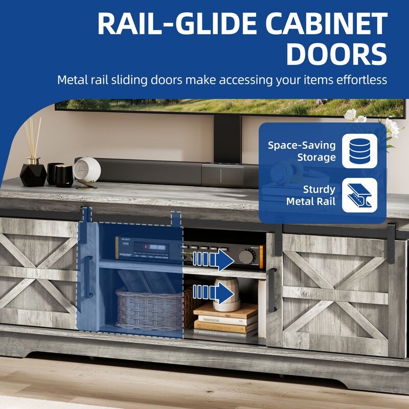 Meuble TV de style campagnard pour téléviseur jusqu'à 65 pouces avec portes et étagères ouvertes, console multimédia et prise électrique.