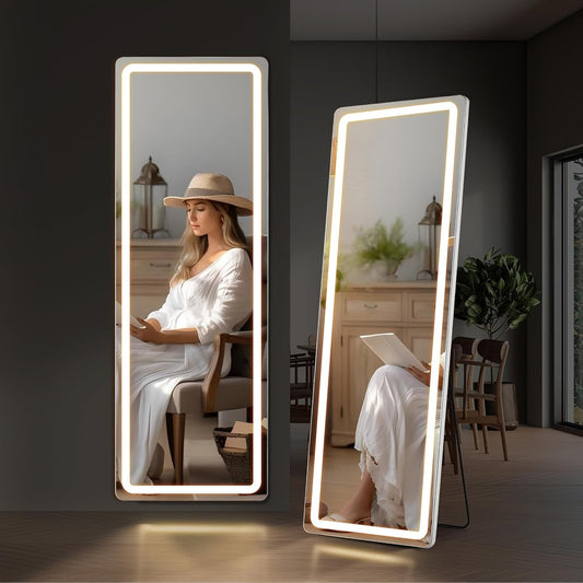 Miroir sur pied avec éclairage LED, miroir pleine longueur 64 x 21 cm avec support, miroir mural, miroir en pied