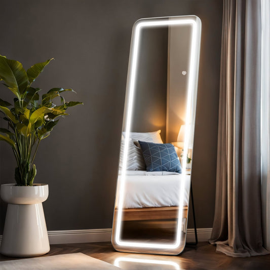 Miroir sur pied avec éclairage LED, miroir pleine longueur 64 x 21 cm avec support, miroir mural, miroir en pied