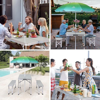 Table de pique-nique pliante avec parasol, idéale pour le camping, la terrasse ou les fêtes en plein air - Blanche avec parasol