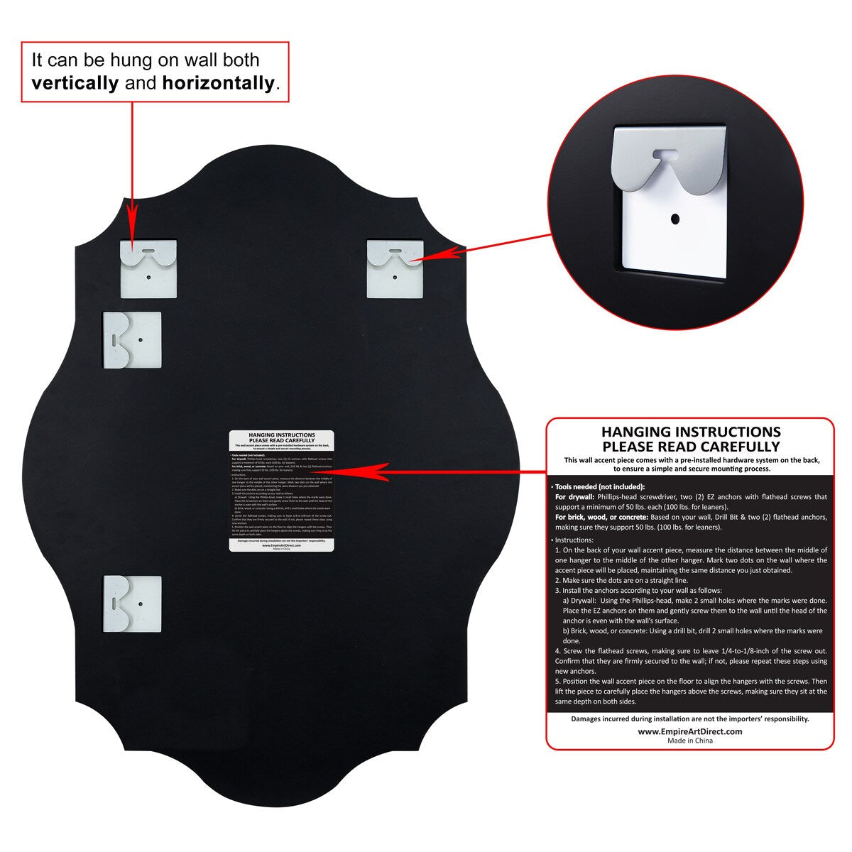 Miroir mural oblong biseauté et festonné sans cadre