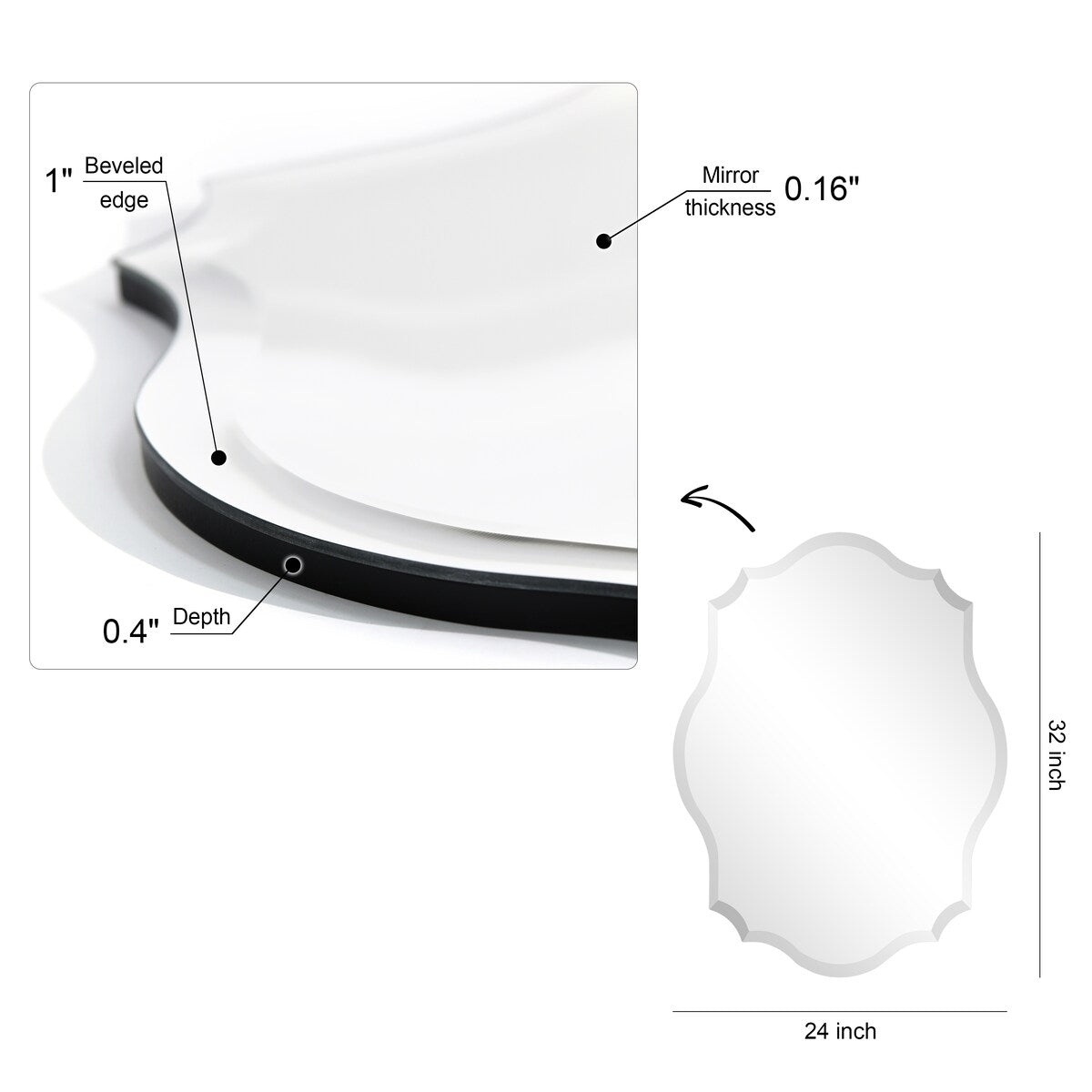 Miroir mural oblong biseauté et festonné sans cadre