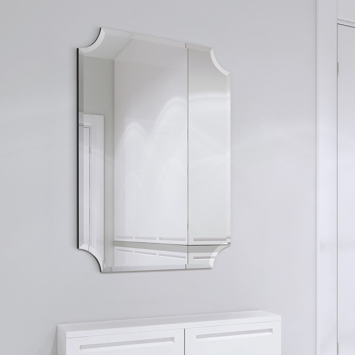 Miroir mural rectangulaire sans cadre à bord biseauté festonné, pour salle de bain, coiffeuse ou chambre, transparent.